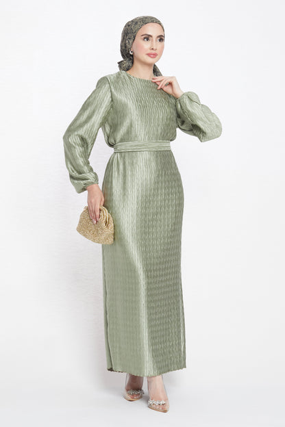 Long Patterned Dress with Belt Detail