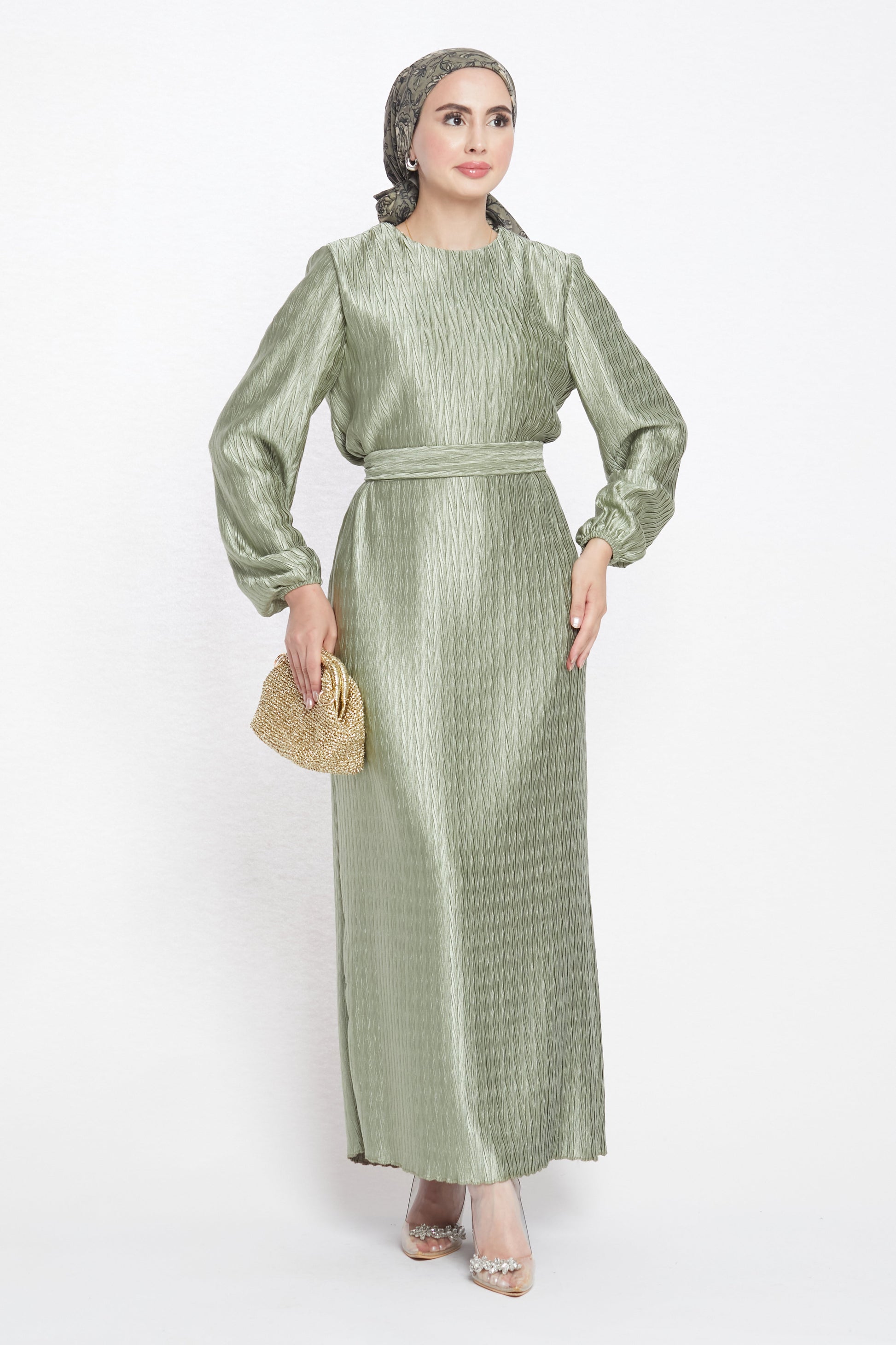 Long Patterned Dress with Belt Detail