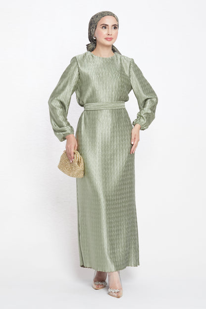 Long Patterned Dress with Belt Detail