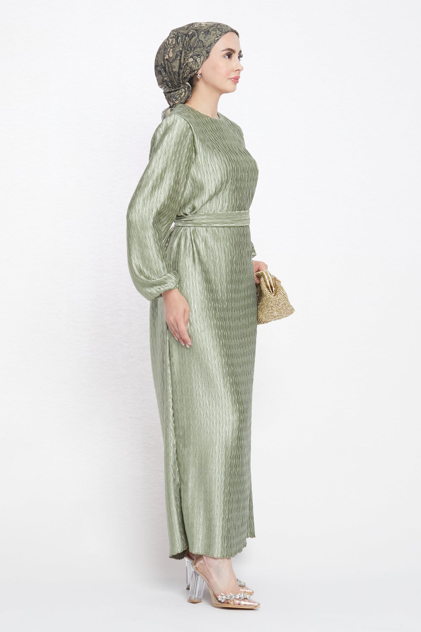 Long Patterned Dress with Belt Detail