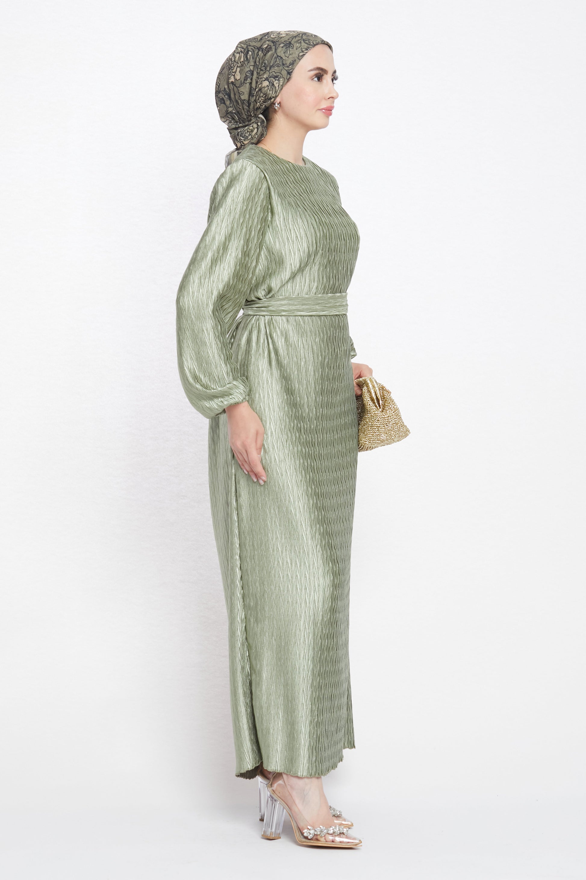 Long Patterned Dress with Belt Detail