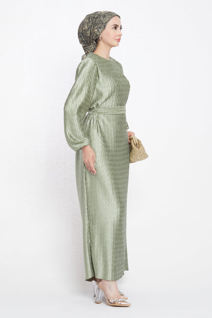 Long Patterned Dress with Belt Detail