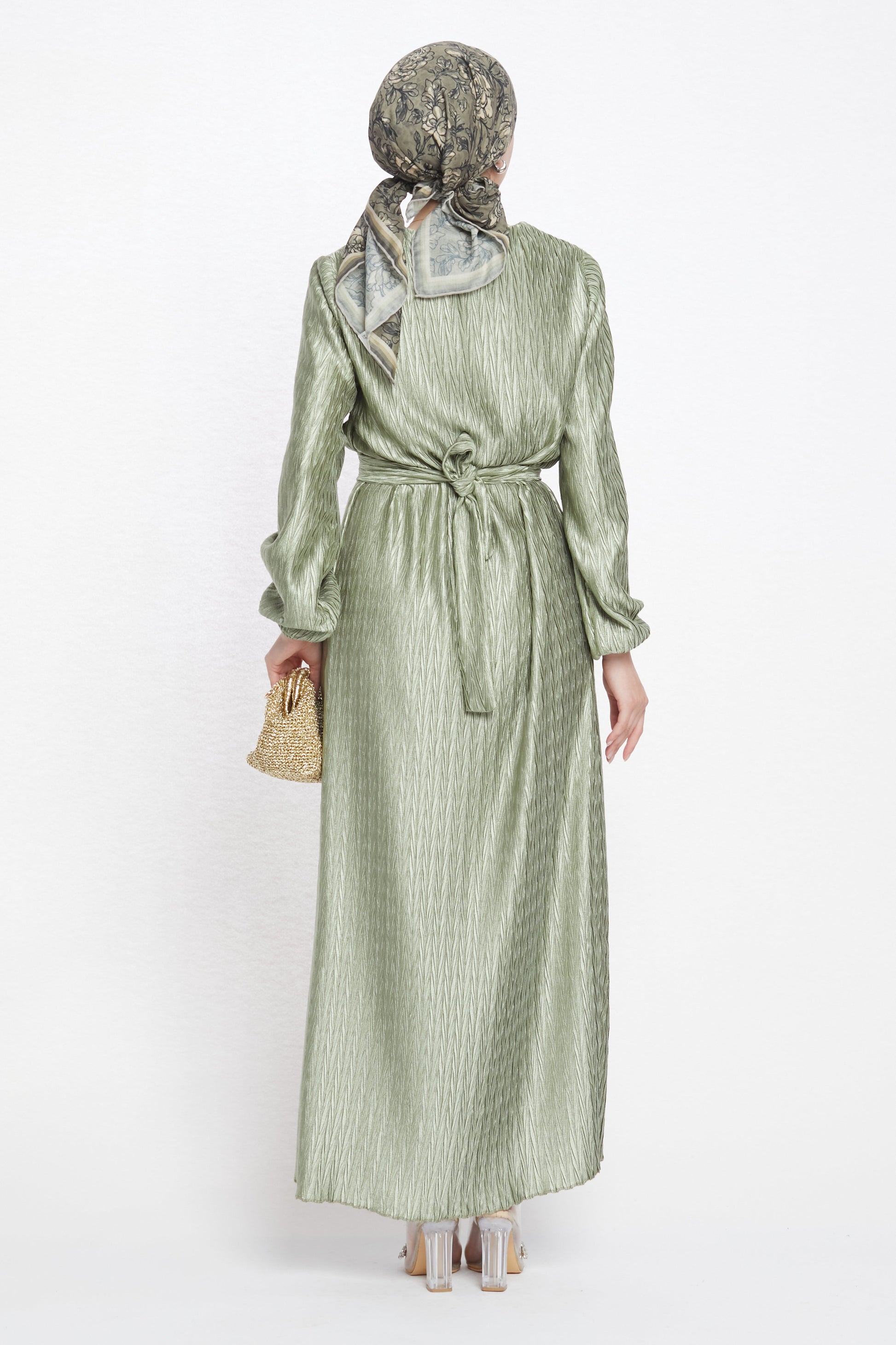 Long Patterned Dress with Belt Detail
