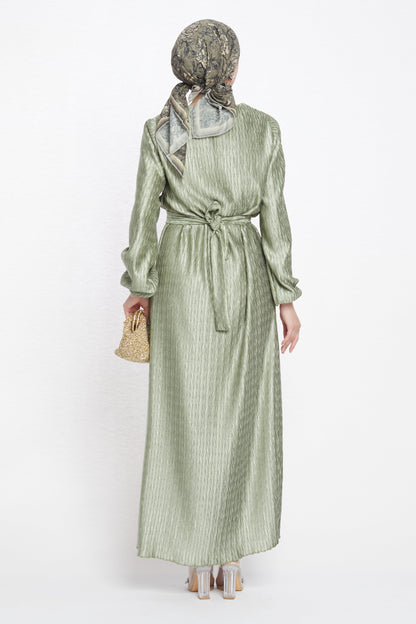 Long Patterned Dress with Belt Detail