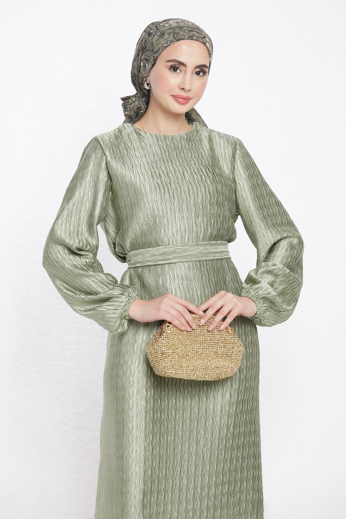 Long Patterned Dress with Belt Detail