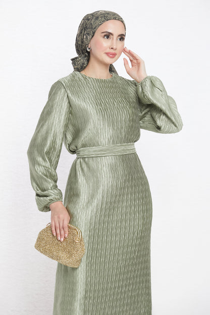 Long Patterned Dress with Belt Detail