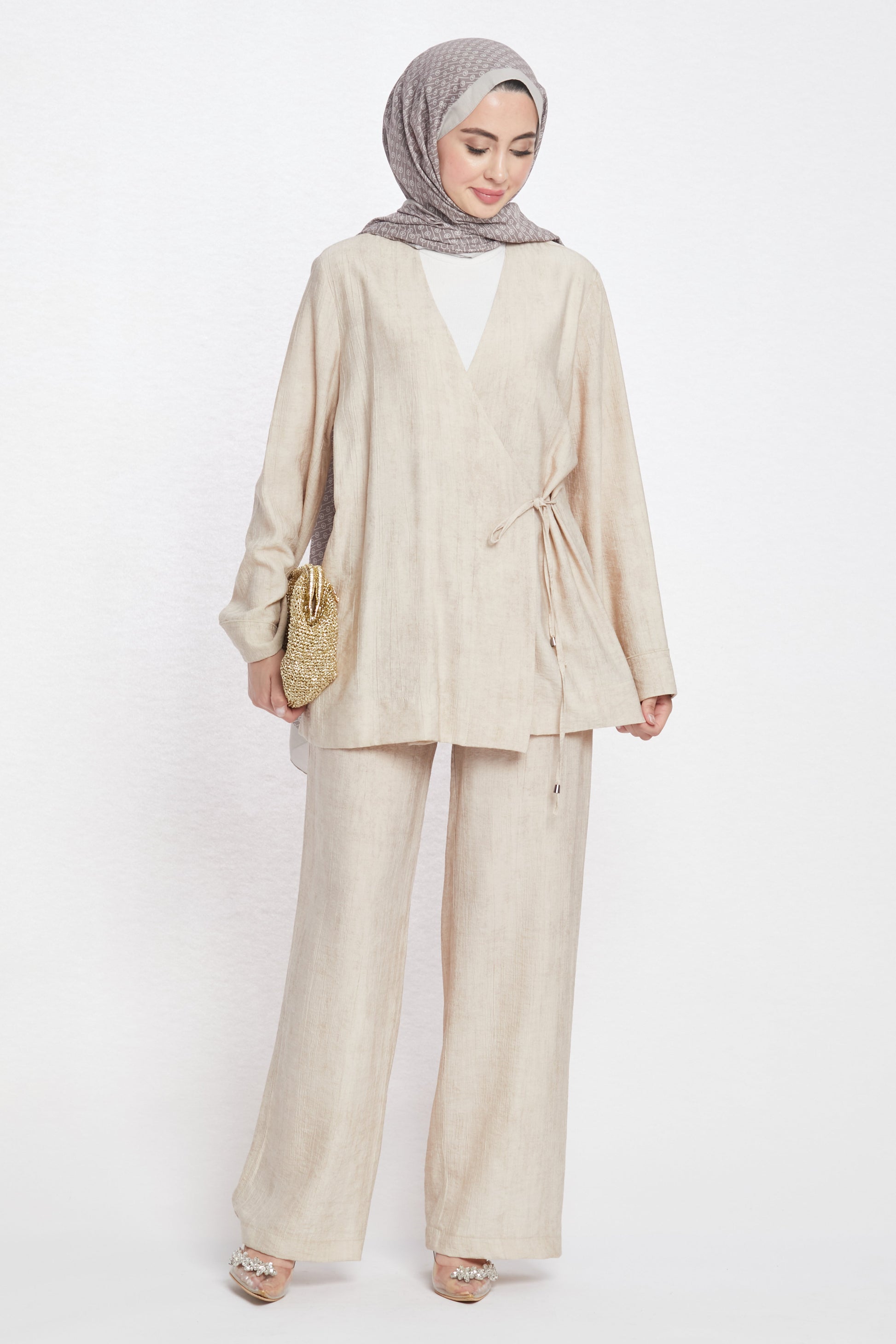 Tie-Front Linen-Look Trouser Suit