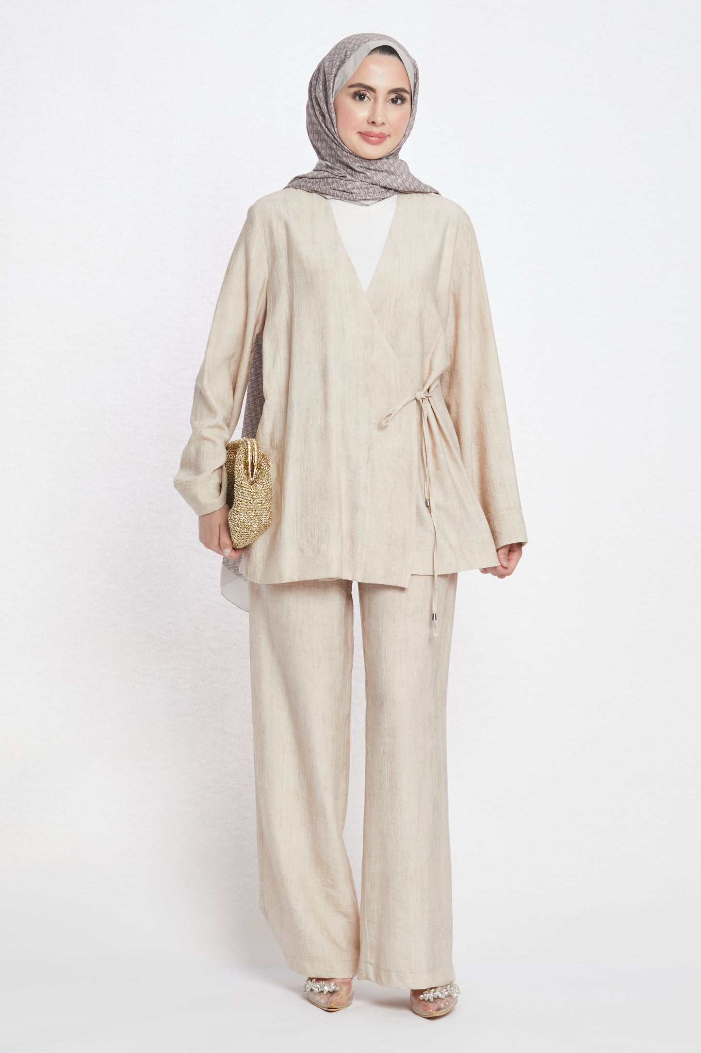 Tie-Front Linen-Look Trouser Suit