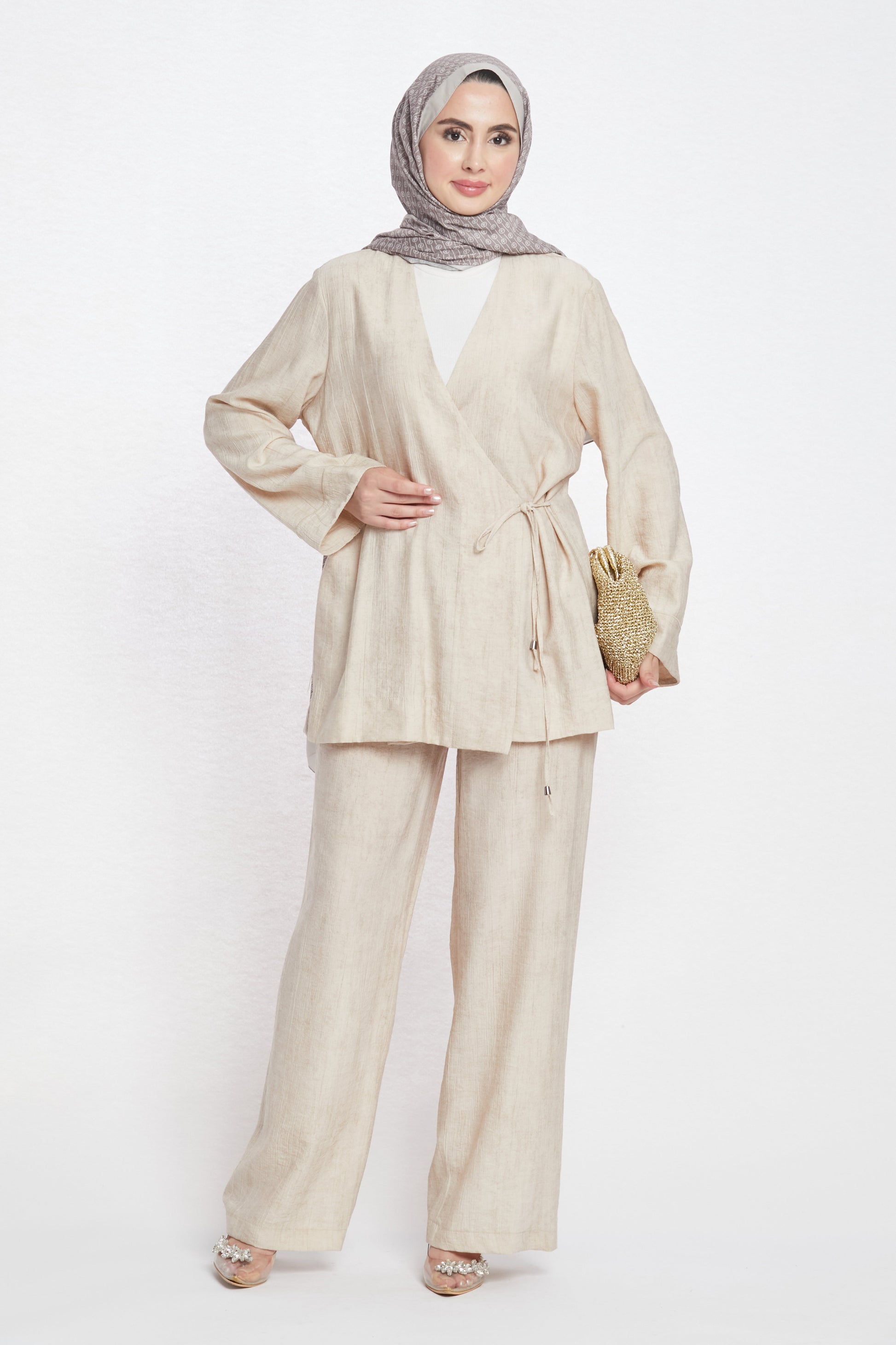 Tie-Front Linen-Look Trouser Suit