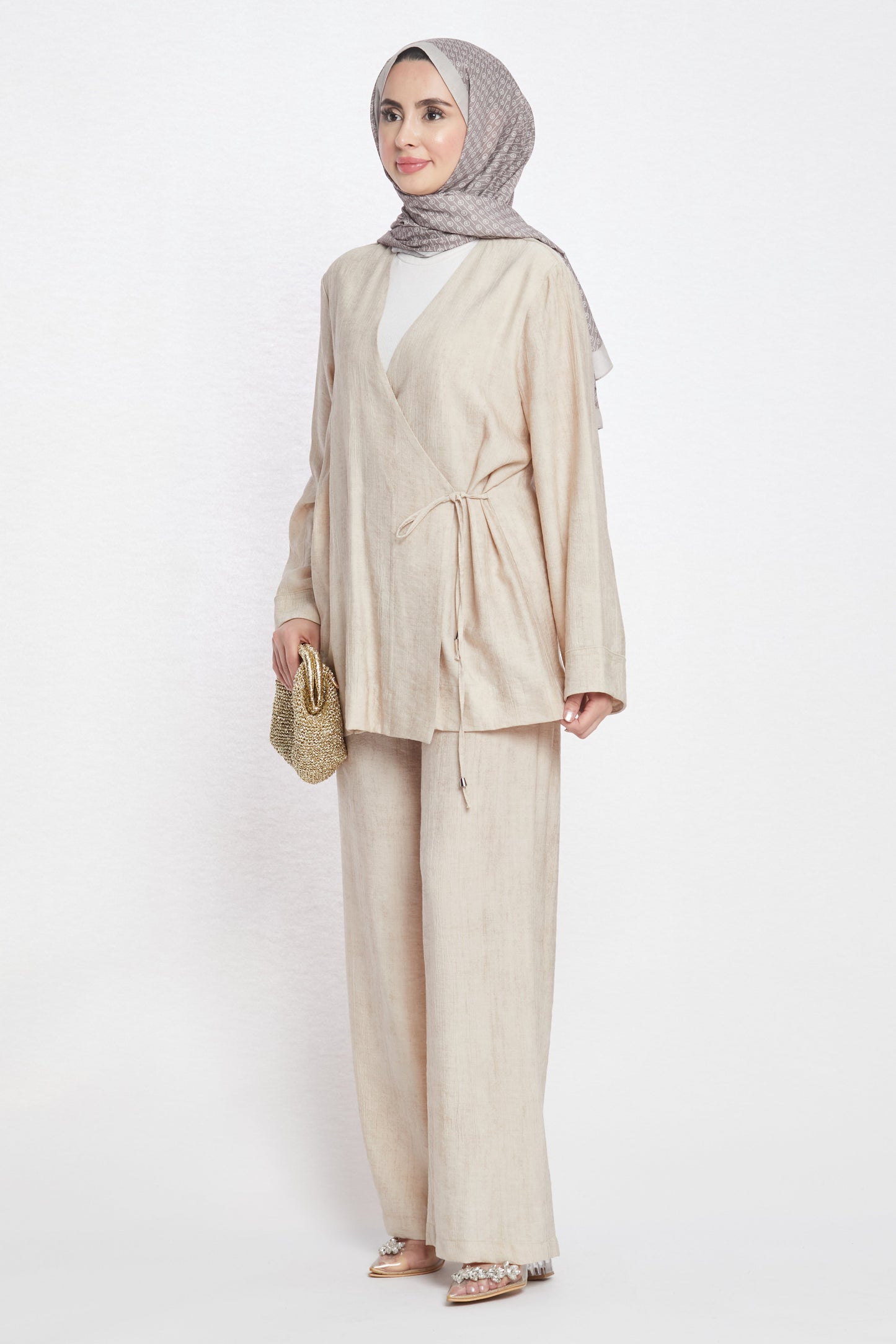 Tie-Front Linen-Look Trouser Suit