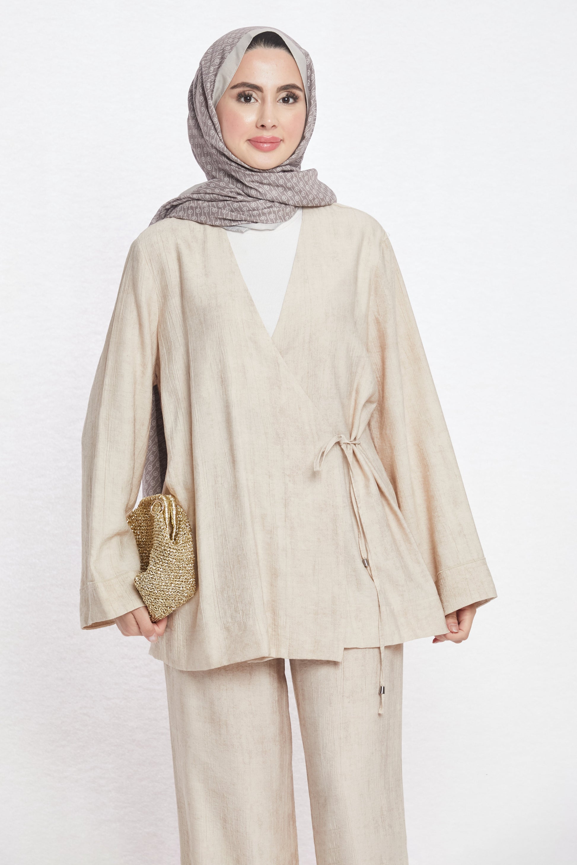 Tie-Front Linen-Look Trouser Suit