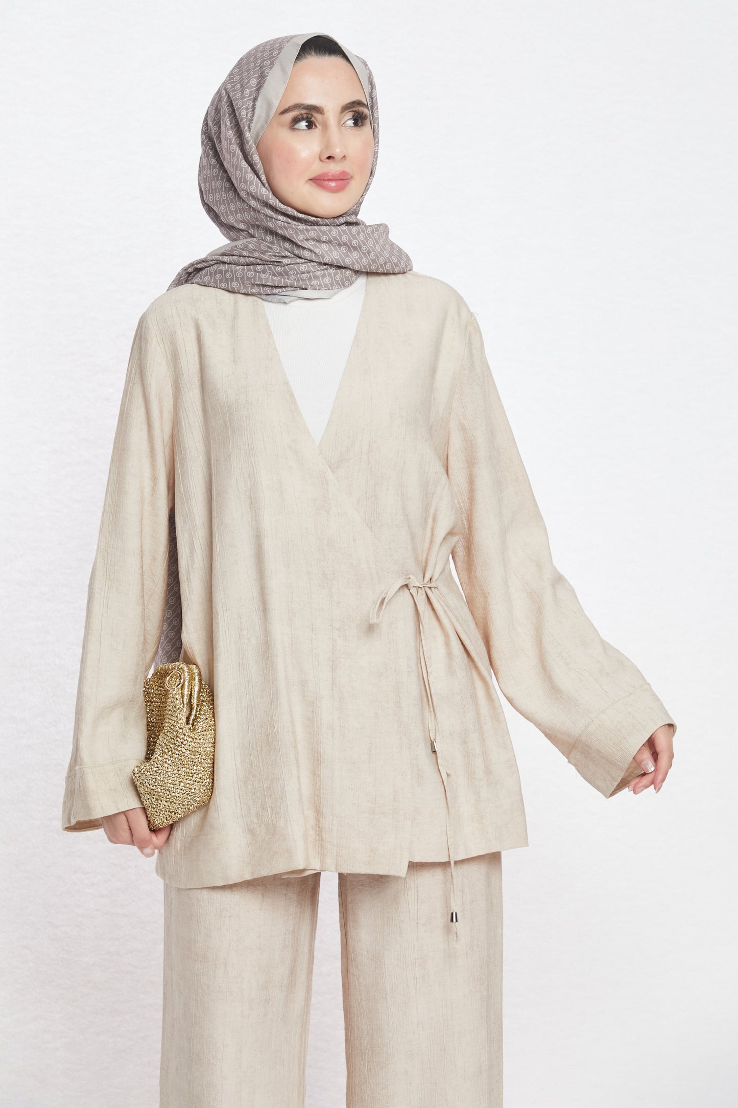Tie-Front Linen-Look Trouser Suit