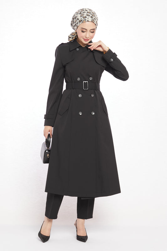 Polo Collar Epaulette and Belt Detail Trench Coat