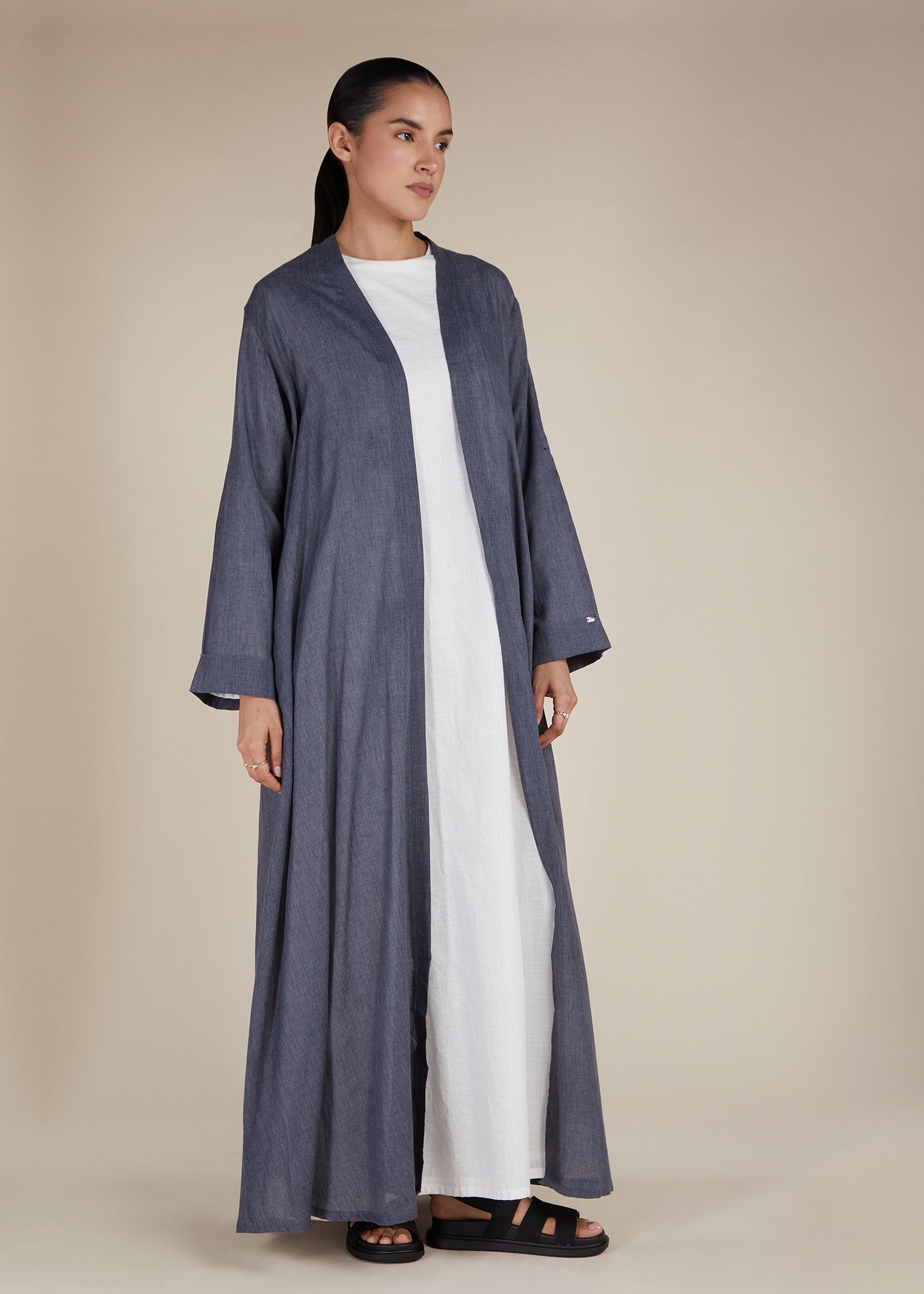 Linen Feel Open Abaya Charcoal - Final Sale