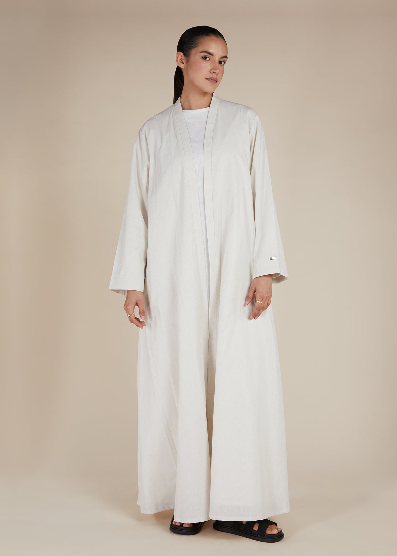 Linen Feel Open Abaya Off White - Final Sale