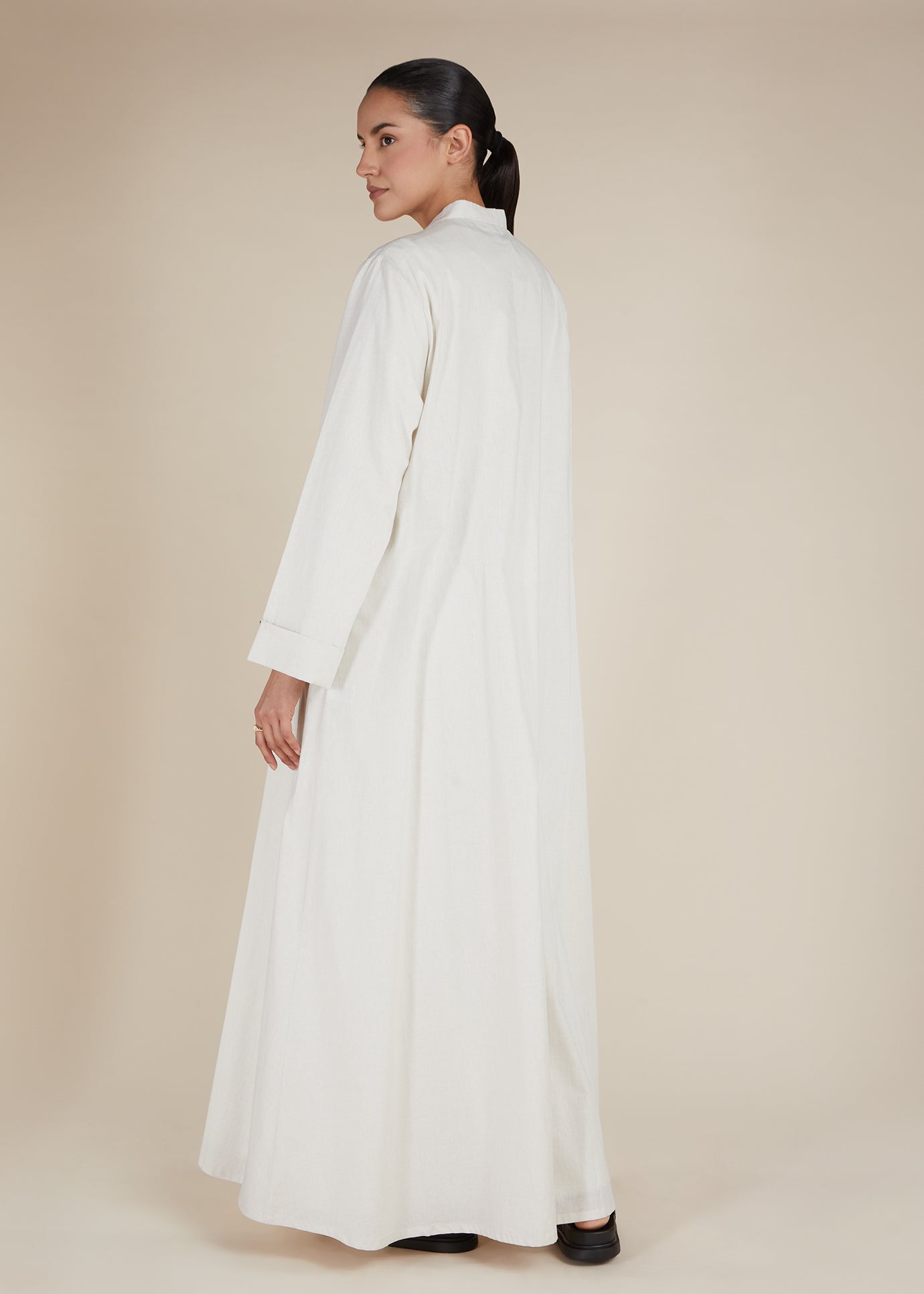 Linen Feel Open Abaya Off White - Final Sale
