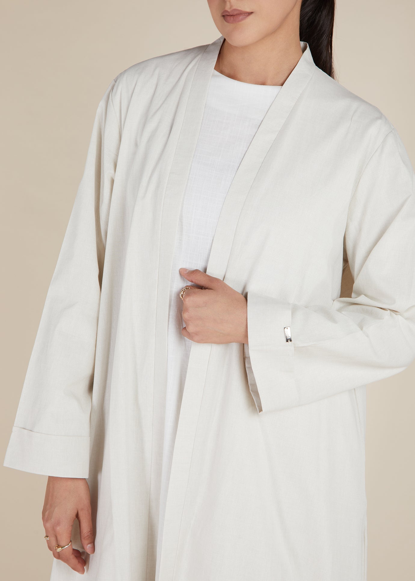 Linen Feel Open Abaya Off White - Final Sale