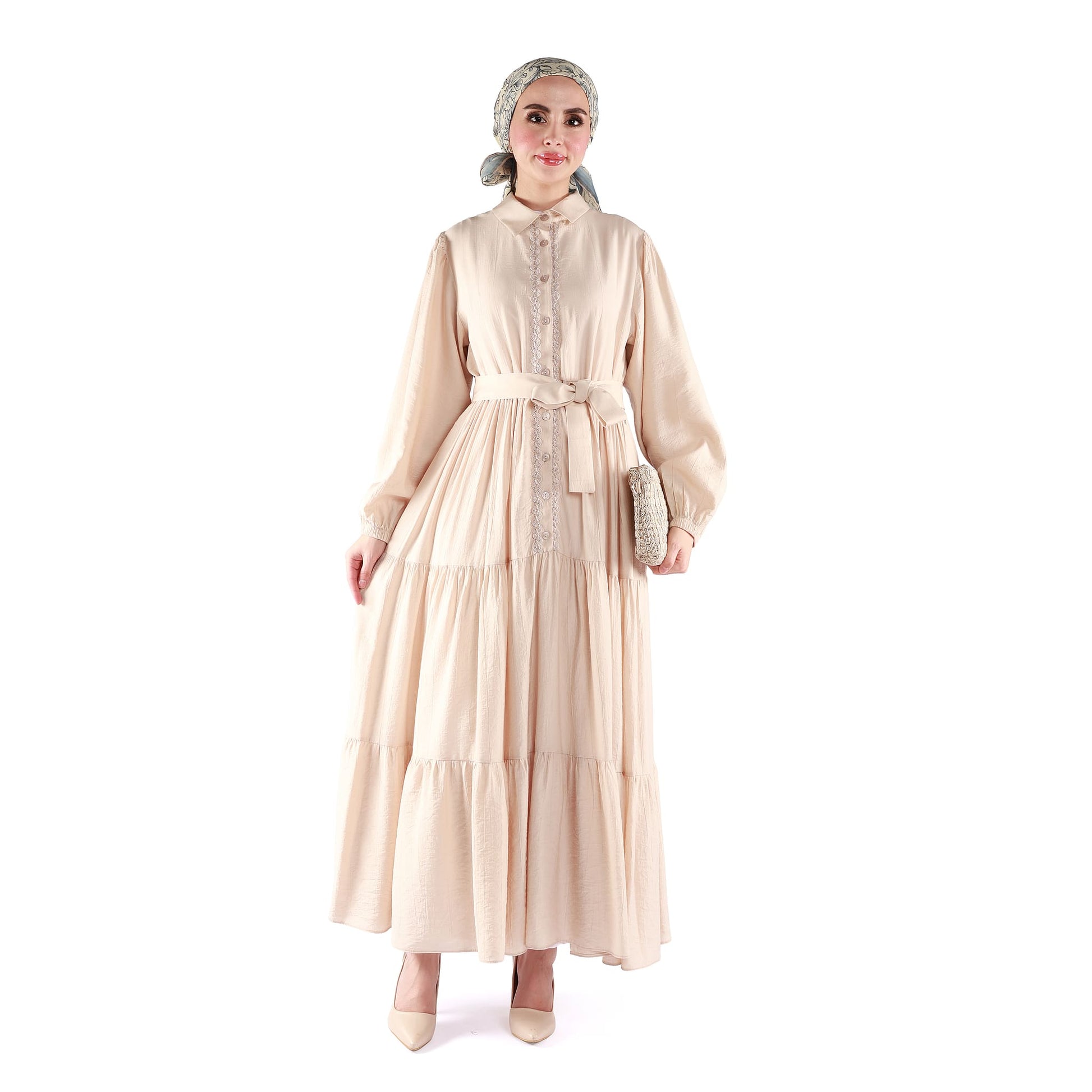Buttoned Pleated Polo Neck Dress
