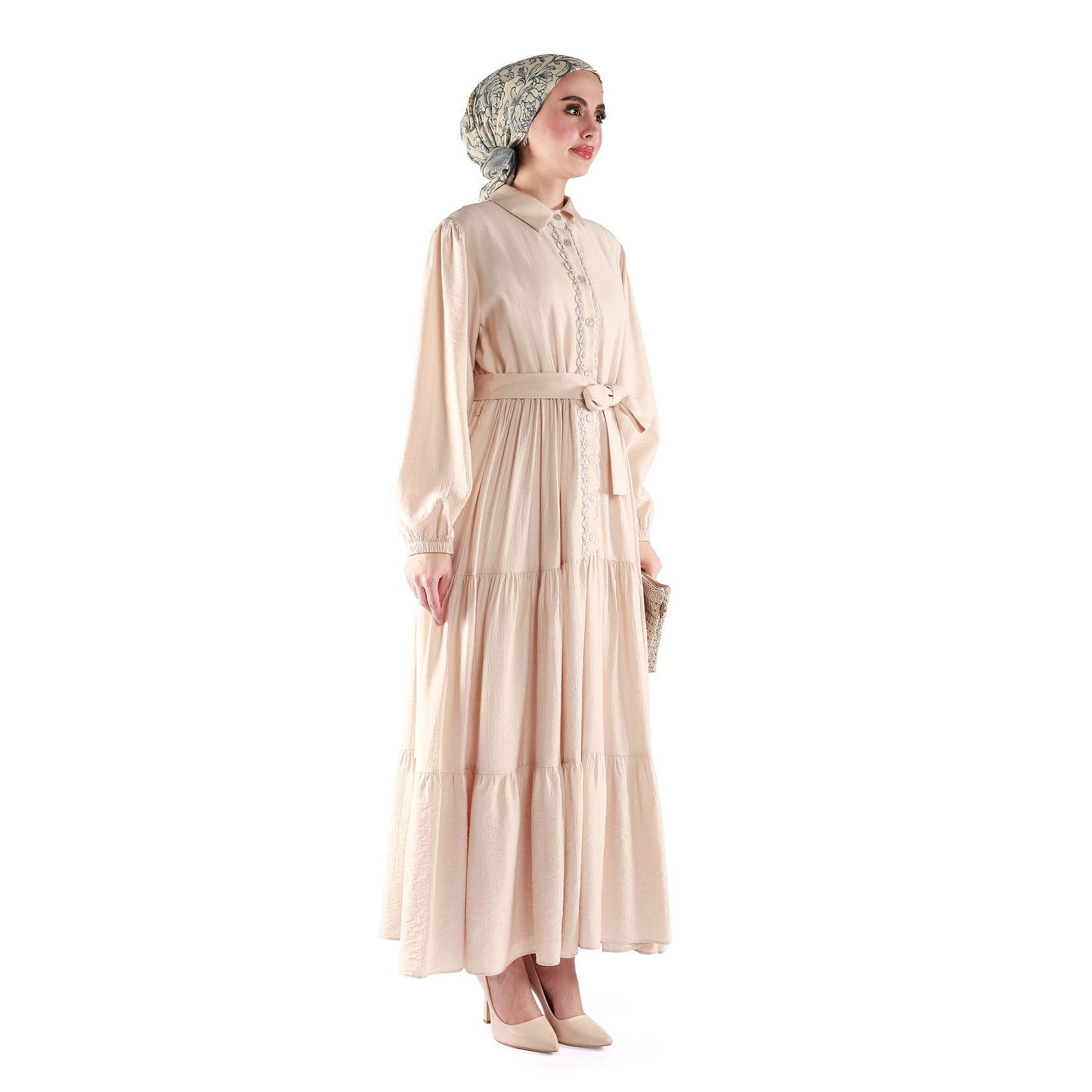 Buttoned Pleated Polo Neck Dress