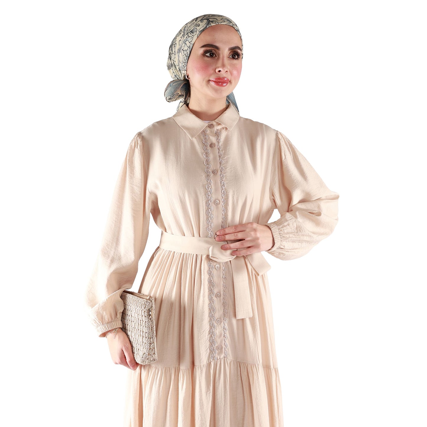 Buttoned Pleated Polo Neck Dress