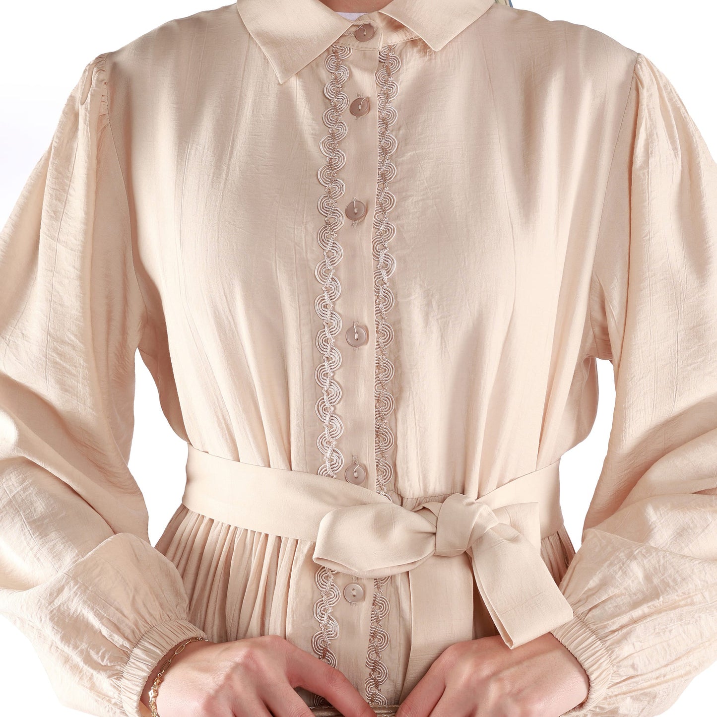 Buttoned Pleated Polo Neck Dress