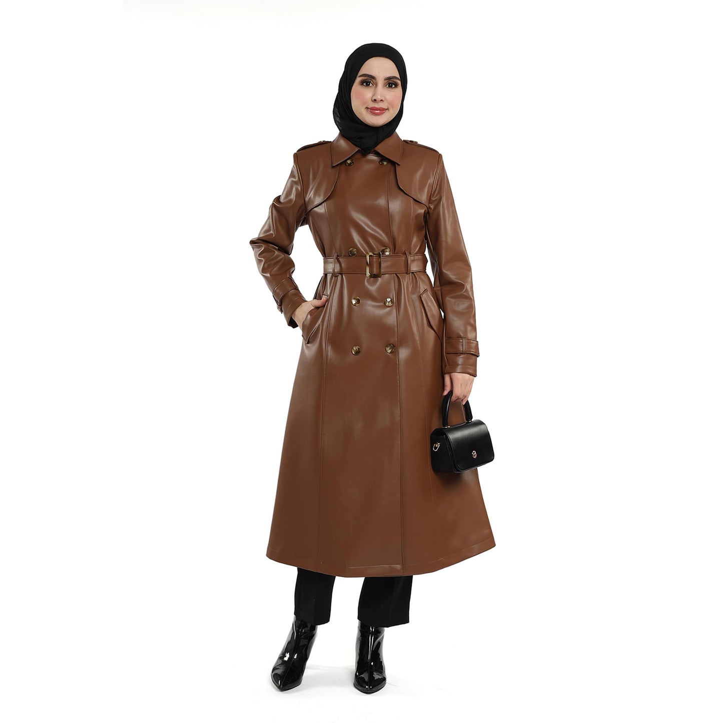 Epaulette and Belt Detail Lined Leather Coat