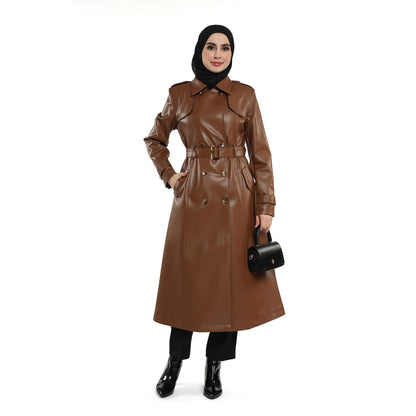Epaulette and Belt Detail Lined Leather Coat