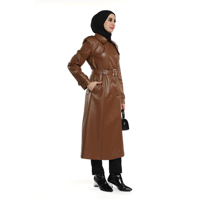 Epaulette and Belt Detail Lined Leather Coat