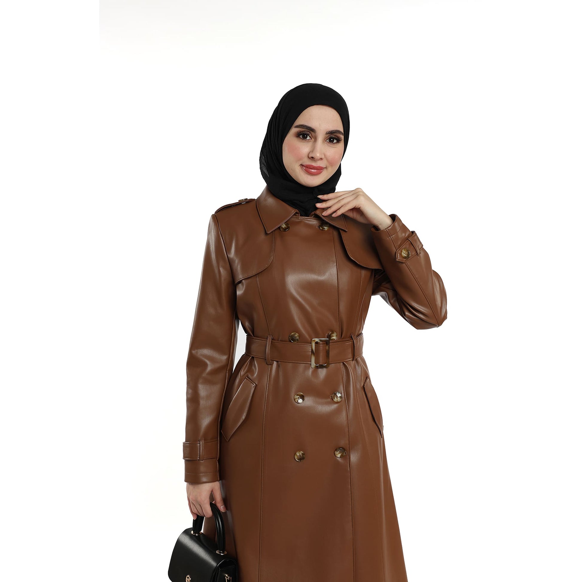 Epaulette and Belt Detail Lined Leather Coat