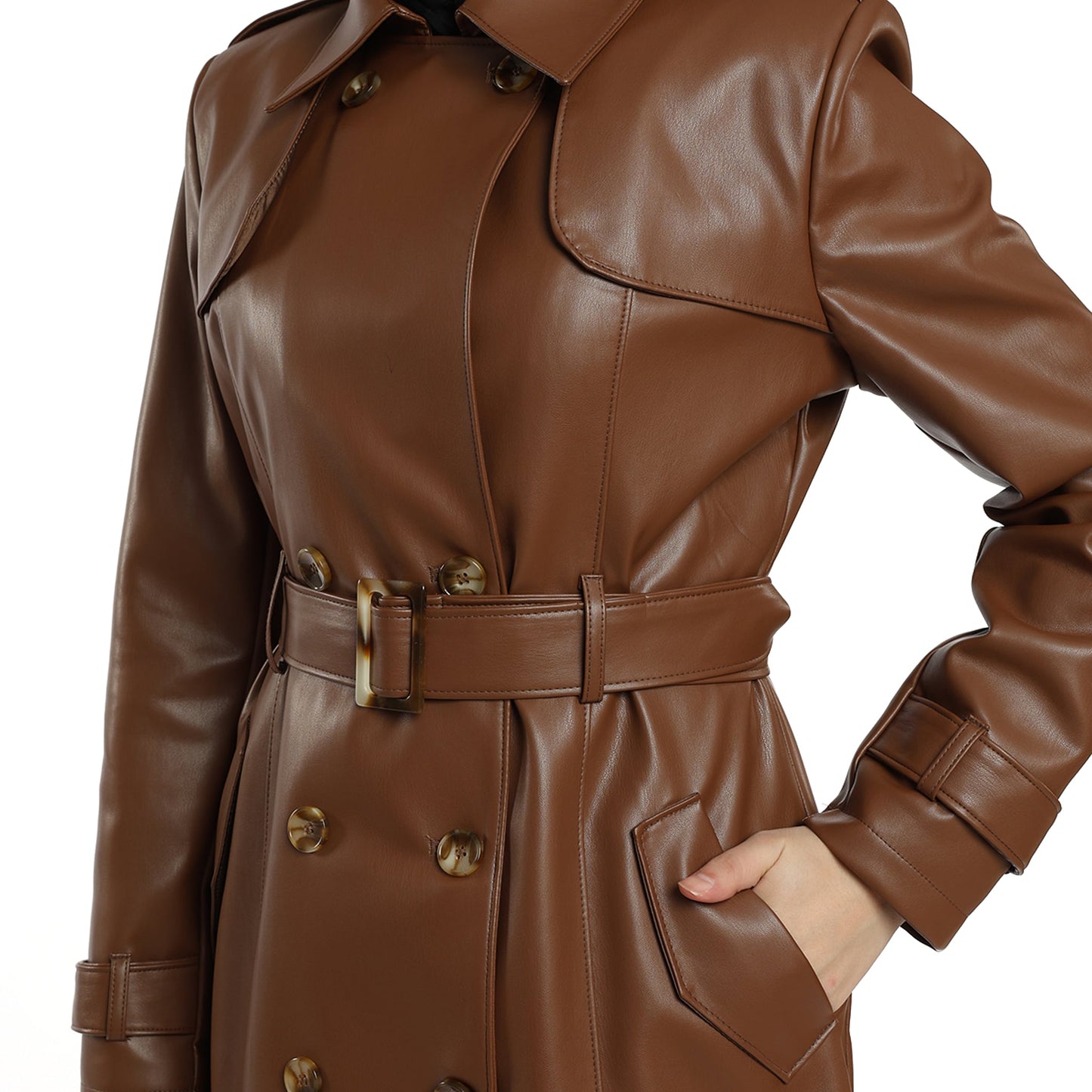 Epaulette and Belt Detail Lined Leather Coat