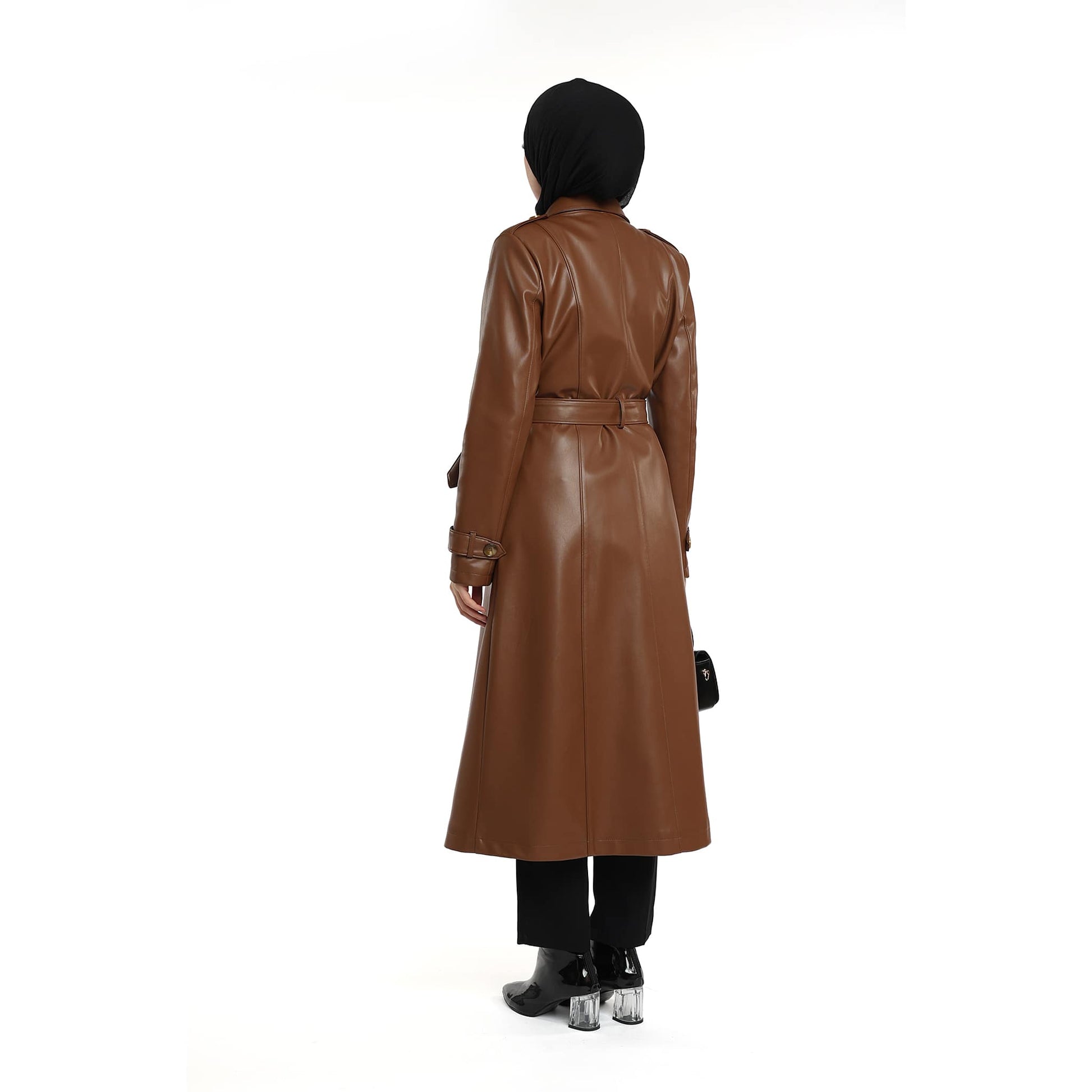 Epaulette and Belt Detail Lined Leather Coat