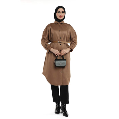 Belted Polo Collar Drop Shoulder Suede Tunic