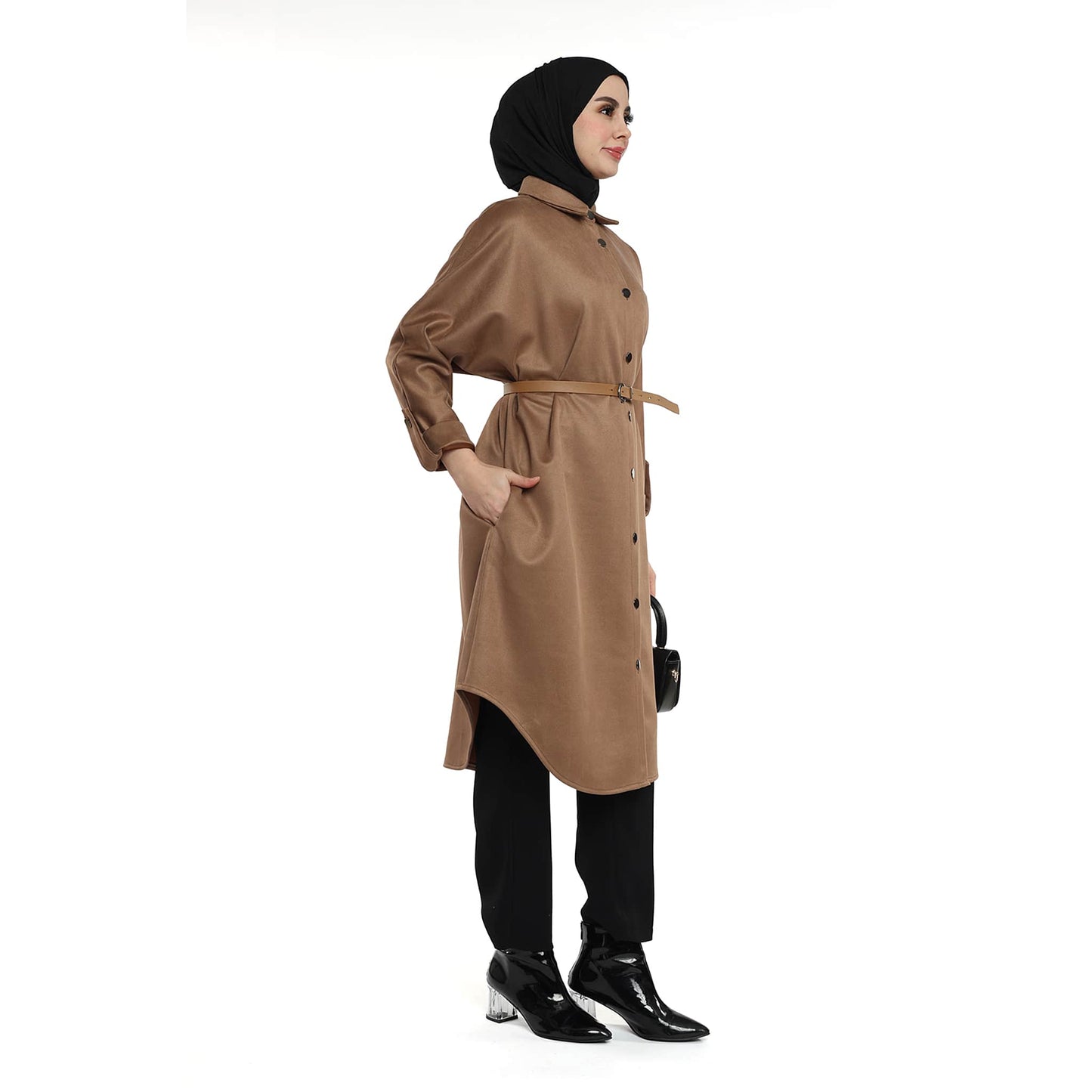 Belted Polo Collar Drop Shoulder Suede Tunic