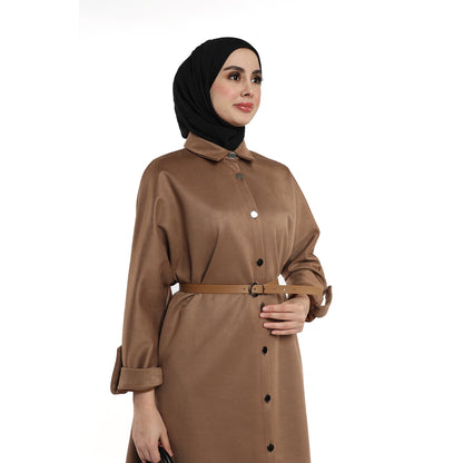 Belted Polo Collar Drop Shoulder Suede Tunic