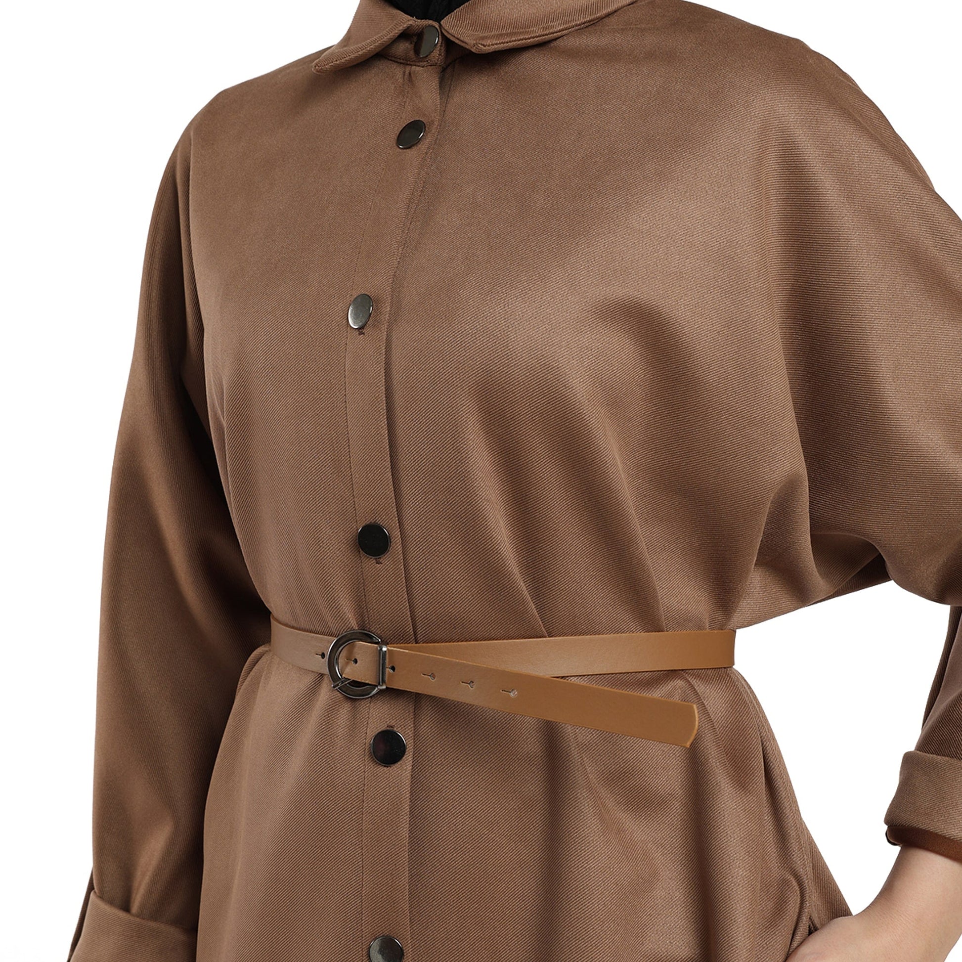 Belted Polo Collar Drop Shoulder Suede Tunic