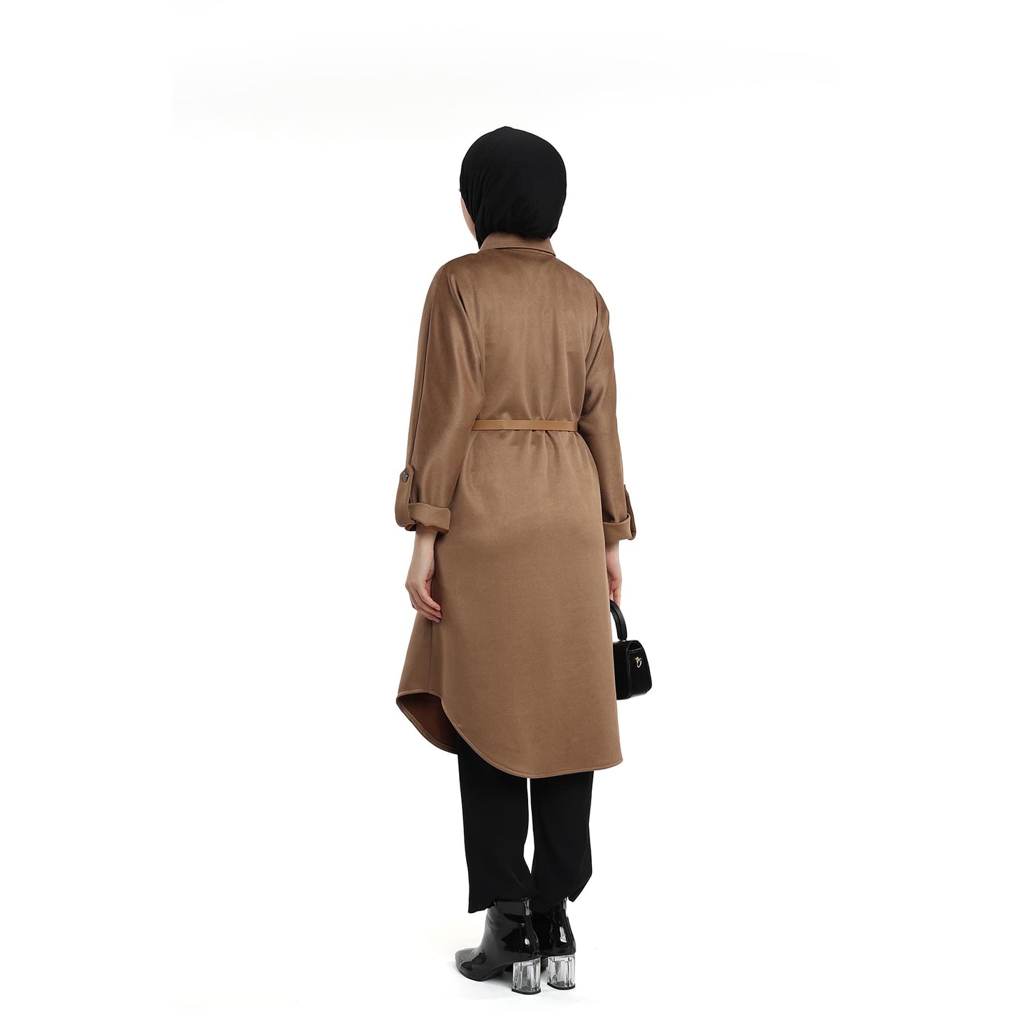 Belted Polo Collar Drop Shoulder Suede Tunic