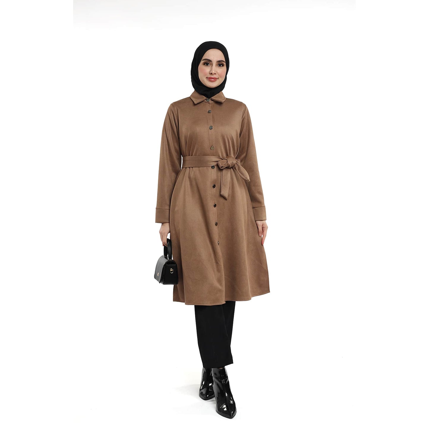 Belted Polo Collar Suede Tunic With Metal Buttons