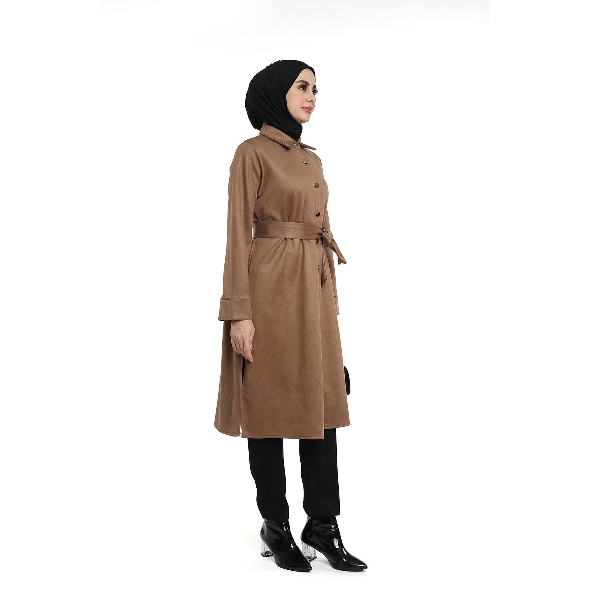 Belted Polo Collar Suede Tunic With Metal Buttons