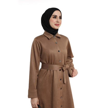 Belted Polo Collar Suede Tunic With Metal Buttons