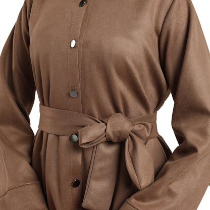 Belted Polo Collar Suede Tunic With Metal Buttons