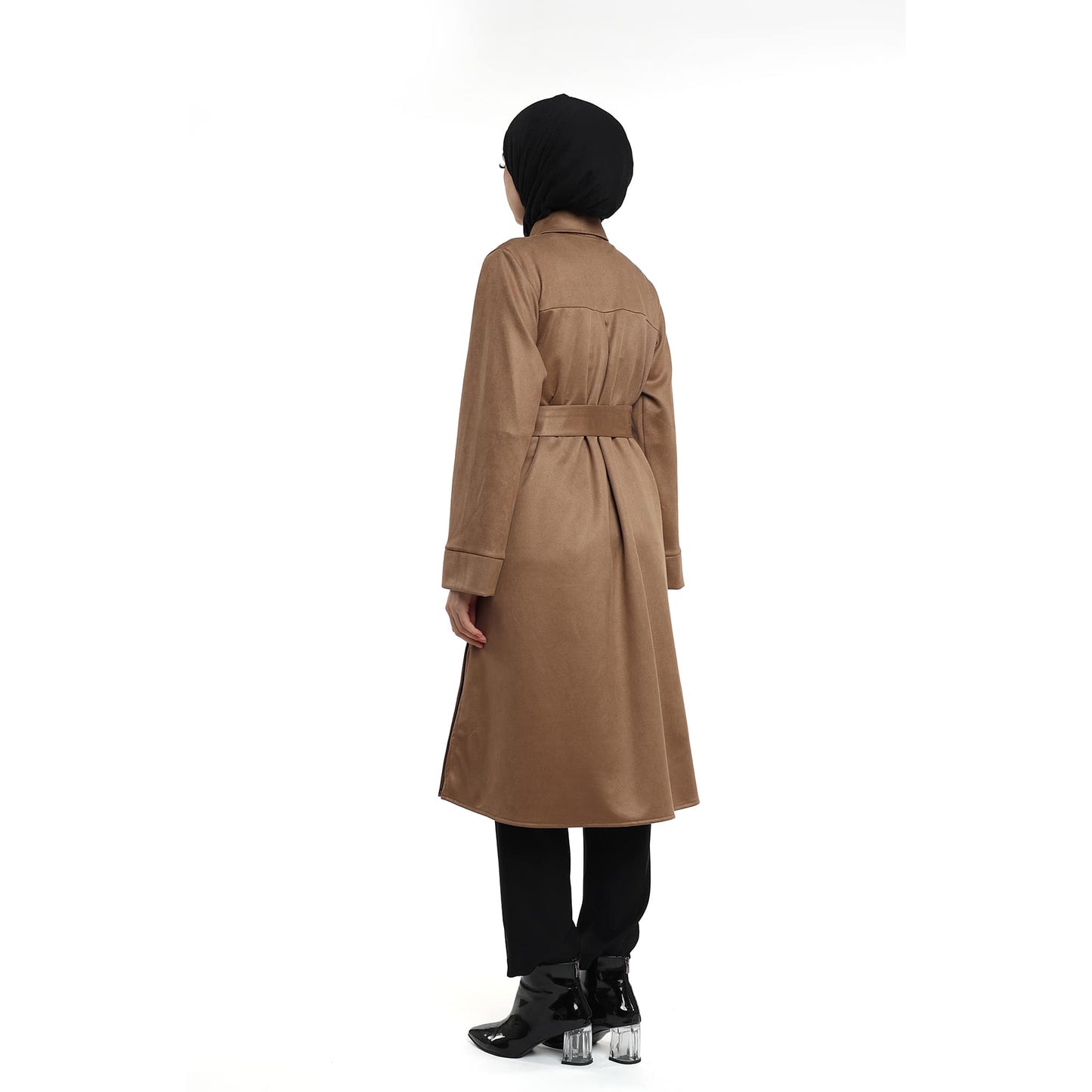Belted Polo Collar Suede Tunic With Metal Buttons