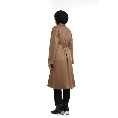 Belted Polo Collar Suede Tunic With Metal Buttons