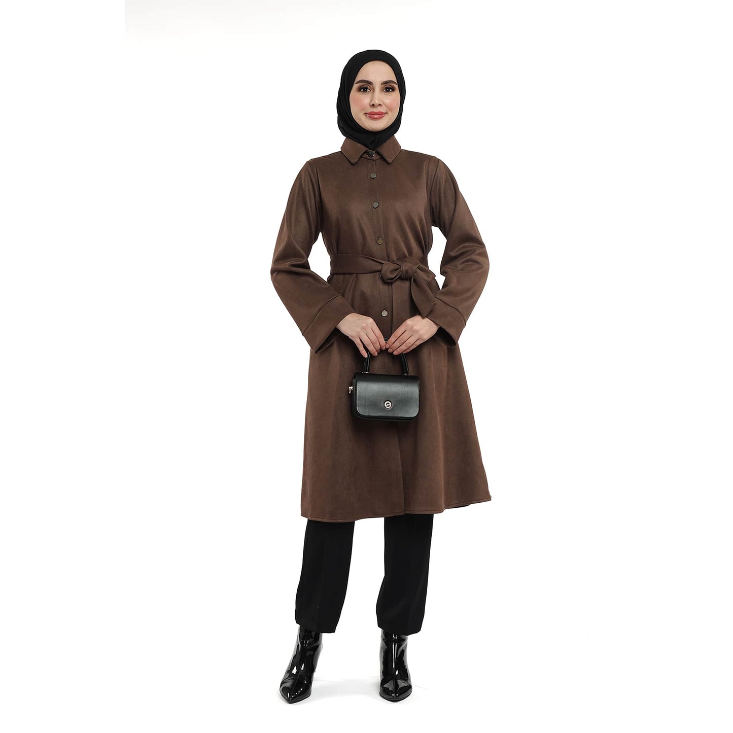 Belted Polo Collar Suede Tunic With Metal Buttons