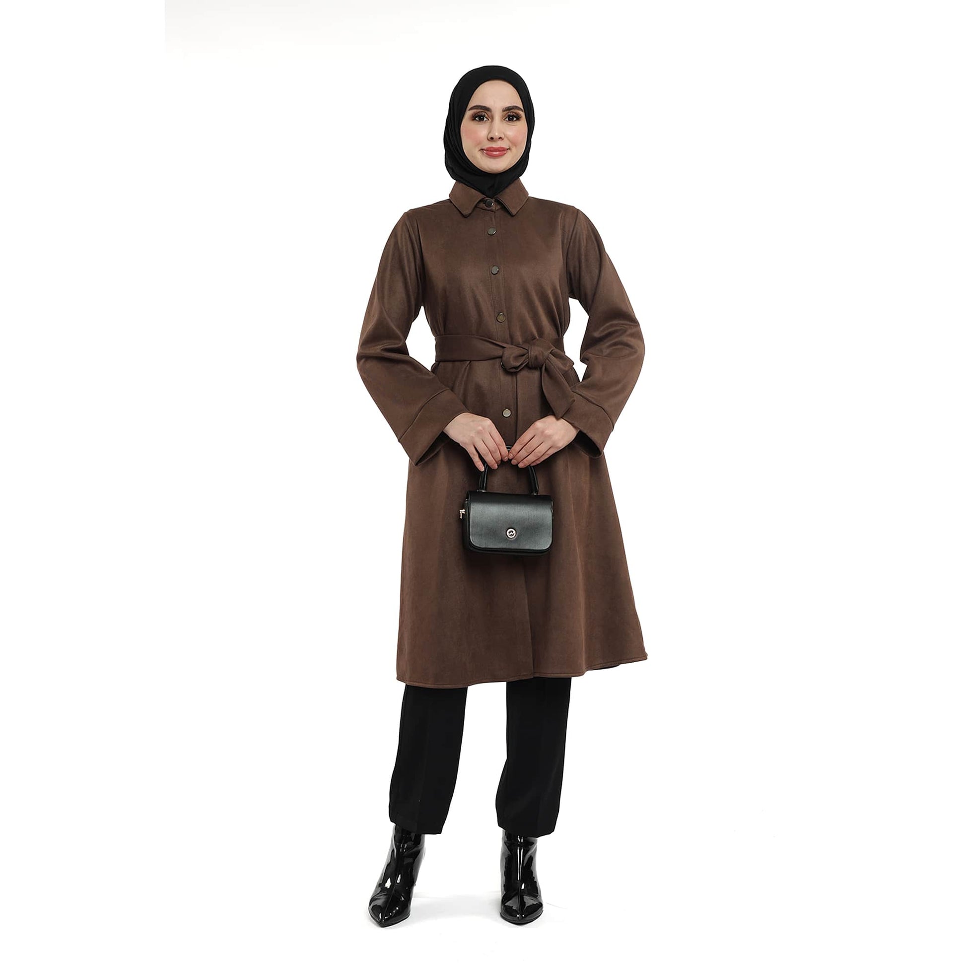 Belted Polo Collar Suede Tunic With Metal Buttons