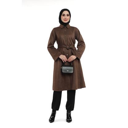 Belted Polo Collar Suede Tunic With Metal Buttons