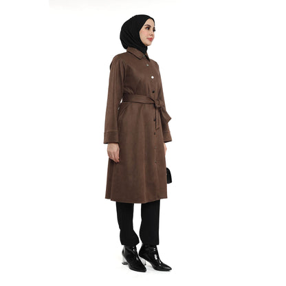 Belted Polo Collar Suede Tunic With Metal Buttons