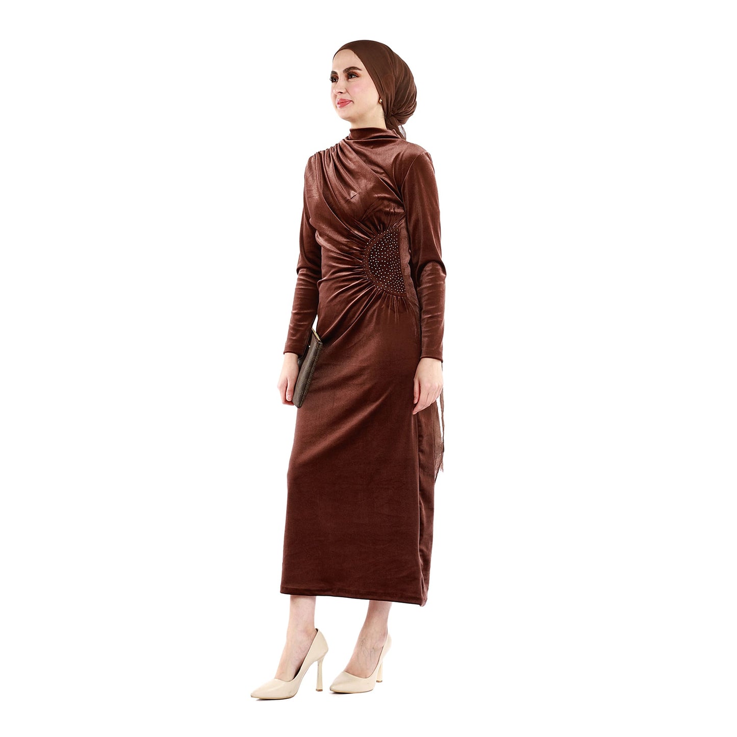 Velvet Maxi Dress with Pleats and Stone Details