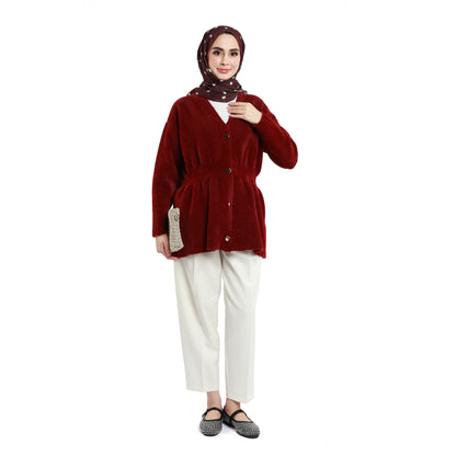 Pile Detailed Gold Buttoned Knitted Cardigan