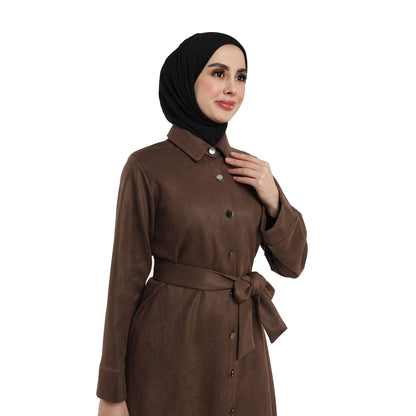 Belted Polo Collar Suede Tunic With Metal Buttons