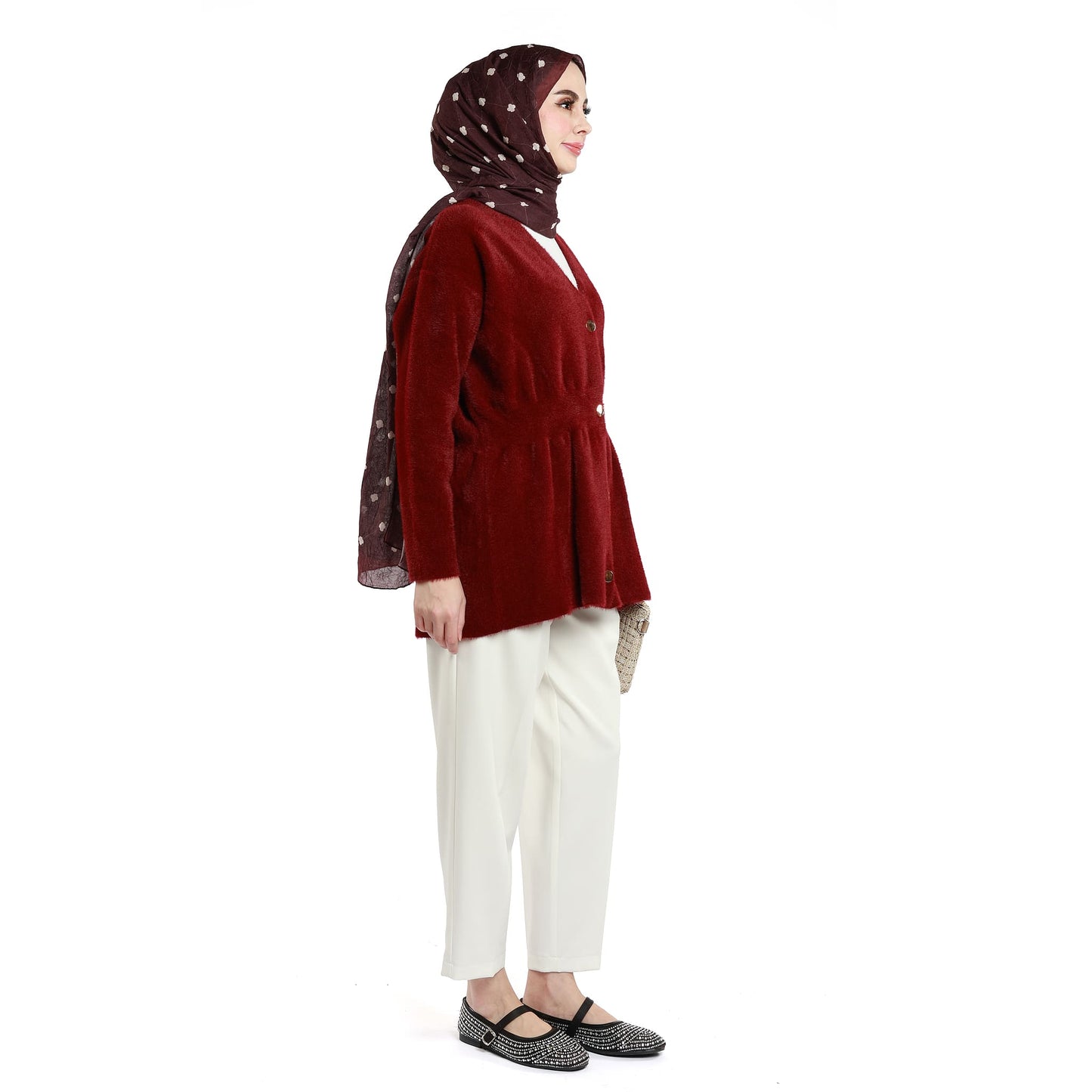 Pile Detailed Gold Buttoned Knitted Cardigan